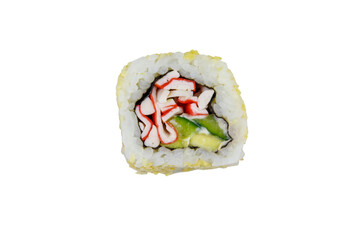 Uramaki sushi roll with surimi isolated on white background