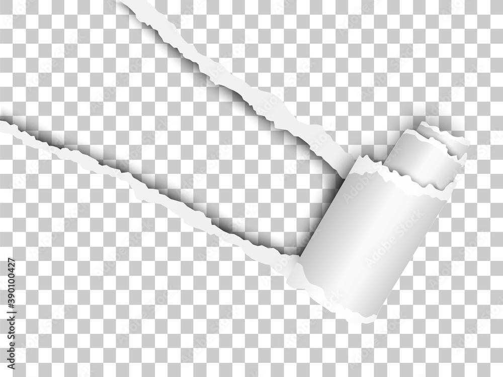 Sticker torn, snatched window placed diagonally in sheet of checkered transparent paper with paper curl. whi