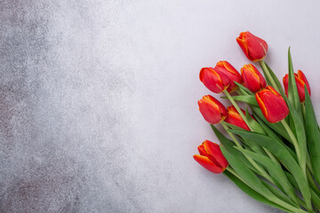 Greeting Card for Mother's or Women's Day. Bouquet of red tulips on a light stone table. Spring background. Top view. Copy space