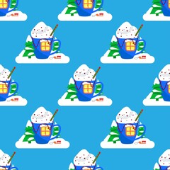 Cute seamless pattern with a winter drink in a cup, a spruce tree, a sleigh in a snowdrift on a blue background. Winter festive ornament in flat style. Cartoon items of New Year and Christmas