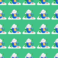 Beautiful seamless pattern with a winter drink in a cup, a spruce tree, a sleigh in a snowdrift on a green background. Winter festive ornament in flat style. Cartoon items of New Year and Christmas