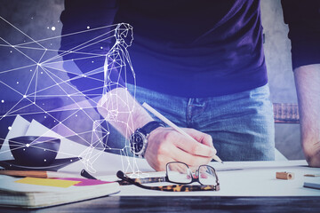 Creative start up concept hologram multi exposure with human hand background.