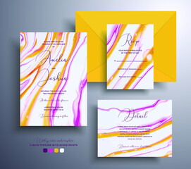 Modern collection of wedding invitations with stone texture. Mineral vector covers with marble effect and place for text, yellow, pink and white colors. Designed for posters, packaging and etc.