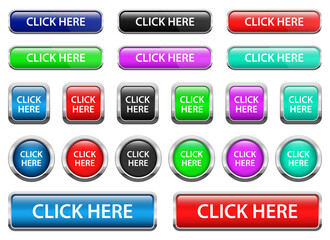 Click here web buttons with metallic frame isolated on white background