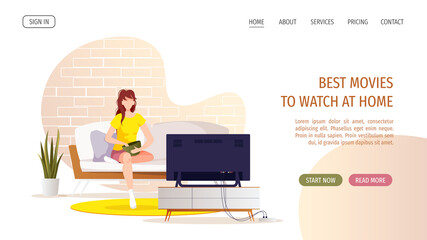 Young woman sitting on the sofa and watching TV. Living room, interior, home leisure, spare time, television concept. Vector illustration for poster, banner, website.