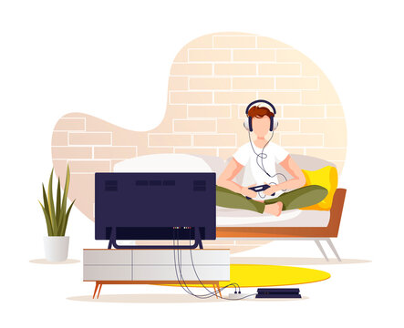 Young man sitting on the sofa and playing a game console in front of the TV. Living room, interior, home leisure, spare time, television concept. Vector illustration for poster, banner, cover.