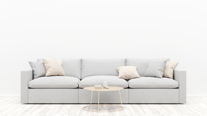 Living room interior with a gray sofa, pillows and a coffee table. White empty wall. 3D render.