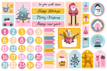 Christmas template and labels set for gifts with cute characters and festive elements in different shapes, in a childish hand-drawn style with lettering and numbers for the advent calendar.