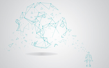 Man integrates into the global network using artificial intelligence isolated on gray background. For ai vector design and low poly. Abstract concept vector