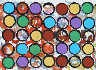 An abstract grid painting; crudely stamped multicolored circles on a random background. - 390105863