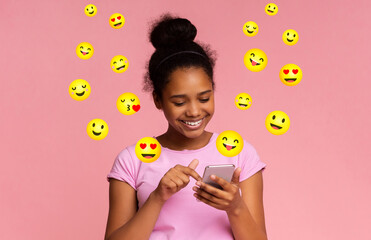 Smiling black girl chatting on mobile phone, collage