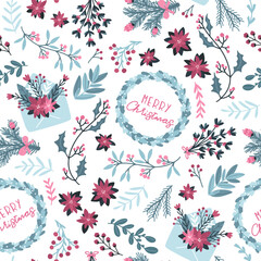 Christmas winter floral seamless pattern. Vector illustration with mail envelope and festive wreath with text in a hand-drawn style. Pastel palette is ideal for printing packaging, fabrics, textiles.