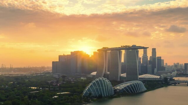 SINGAPORE - FEBRUARY 2: Hyper lapse Aerial drone view of Singapore business district and city, Marina Bay is bay located in the Central Area of Singapore on February 2, 2020 in Singapore.