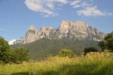 Fototapeta na wymiar Hiking in the Alpi di Siusi / Seiser Alm mountains of Northern Italy's Dolomites
