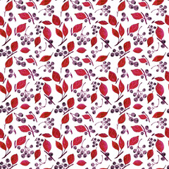 autumn seamless pattern with leaves and purple blueberries