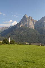 Fototapeta na wymiar Hiking in the Alpi di Siusi / Seiser Alm mountains of Northern Italy's Dolomites