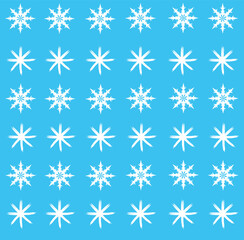 Lots of snowflakes. Snowflakes on a light blue background. Elements on a Christmas sweater. New Year's tablecloth. New year logo. Background for the screen. Vector. Christmas decoration.