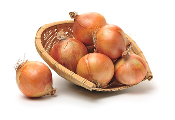 Gold onion vegetable bulbs on white background