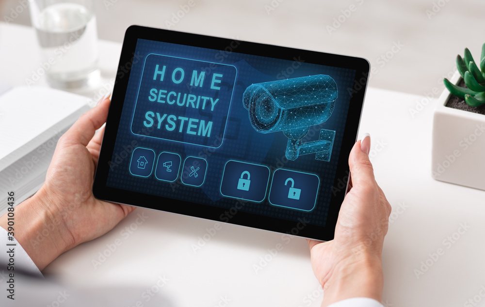 Poster Woman using digital tablet with home security application