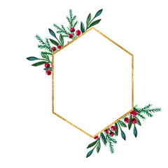 Watercolor winter Christmas wreath with berries and gold geometric frame