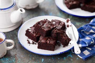 Homemade dark chocolate brownie cake, selective focus
