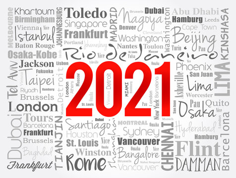 2021 travel cities word cloud collage, trip destinations concept background