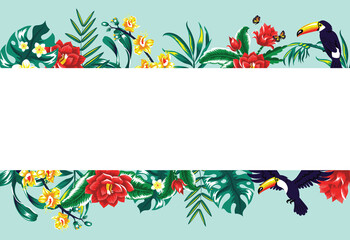Fototapeta na wymiar Banner with tropical leaves, flowers and a bird. 