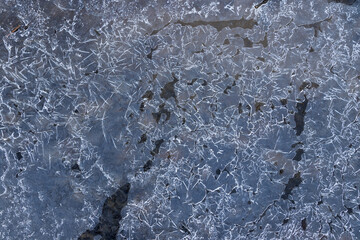 Texture ice surface of a mountain river close up