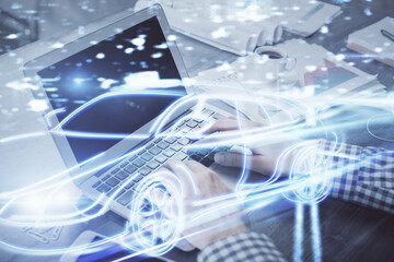 Automobile theme drawing with businessman working on computer on background. Autopilot taxi concept. Multi exposure.