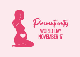 World Prematurity Day vector. Beautiful pregnant kneeling woman silhouette icon vector. Silhouette of pregnant woman with heart vector. Prematurity Day Poster, November 17. Important day