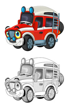 cartoon sketch scene with off road fireman car - illustration