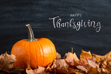 Thanksgiving greetings. Pumpkin on a chalkboard background, top view. Kaligraphic capital inscription.