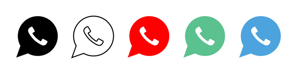 Phone icon. Chat bubble icon. Vector isolated elements. Black, green, red button in the smart phone.