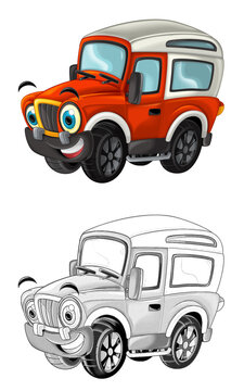 Cartoon Sketch Scene With Off Road Fireman Car - Illustration