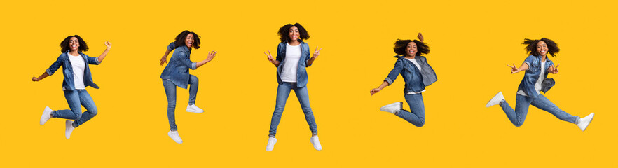 Collage of jumping black woman on yellow studio background - Powered by Adobe