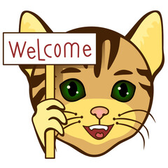 cheerful smiling cat holding a banner with welcome text, simplistic facial expression vector illustration, simple hand drawn emoticon, funny cartoon character