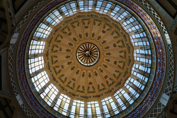 Valencia/Spain - 18.06.2019: Glass Dome with ornaments, patterns, fresco at the Central Market of Valencia. Indoor, ceiling.