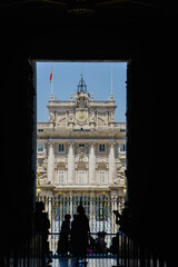 Fototapeta na wymiar Madrid/ Spain - 29.06.2019: Royal Palace of Madrid, view from Almudena Cathedral.