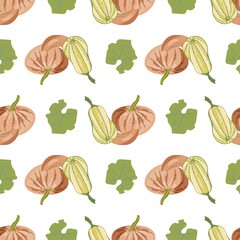 Vegetable pattern. Pumpkin seamless background. Autumn orange pumpkins, flowers, leaves.