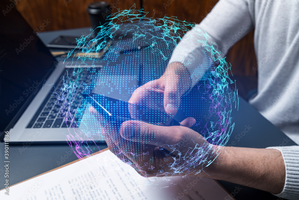 Poster man using phone. hands typing smartphone. double exposure with world map planet earth hologram. clos