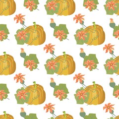 Vegetable pattern. Pumpkin seamless background. Autumn orange pumpkins, flowers, leaves.