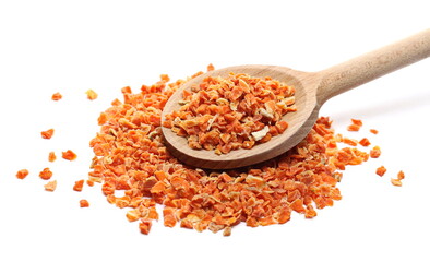 Dry chopped carrot pieces, vegetable slices with wooden spoon isolated on white background