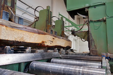 Primary wood processing. Sawing logs on a band sawmill. Preparation of the wooden logs to sawing on a cutting line on a saw mill. Lumber industry. A pile of logs lie on a platform. 