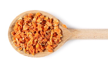 Fototapeta na wymiar Dry chopped carrot pieces, vegetable slices with wooden spoon isolated on white background, top view