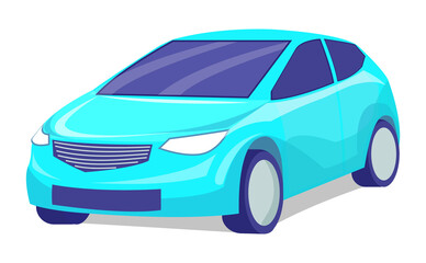 Isolated blue modern sports automobile with headlights for quickly moving. Vehicle of everyday using transport. Transportation, comfortable auto for driving. Sedan or hatchback with tinted windows
