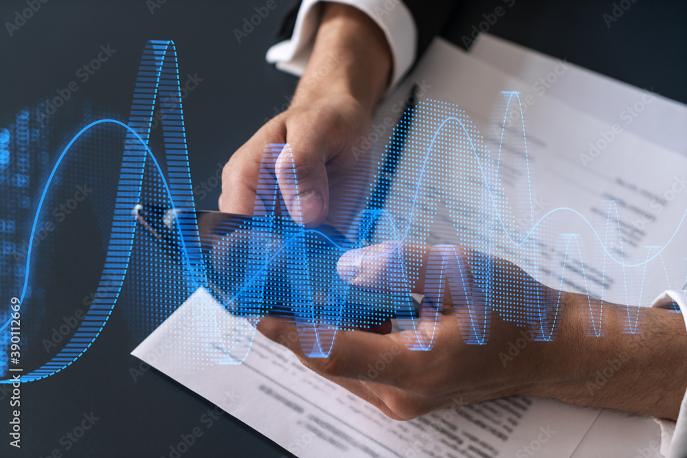 Poster businessman search and analyze using on-line app on phone. financial graph hologram.