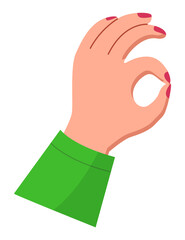 Image of elegant woman s hand shows OK gesture. Red nail polish, green dress sleeve. Good, delicious, fine or nice gesture. Young girl s arm. Piece of human body. Flat vector illustration on white