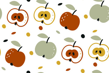 Vector seamless pattern with apples isolated on white background. Autumn harvest. Fruit background. Vector print for fabric and wallpaper.