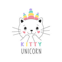 Sweet kitty unicorn, girlish print for t-shirt, postcard. Vector isolated illustration on a white background.