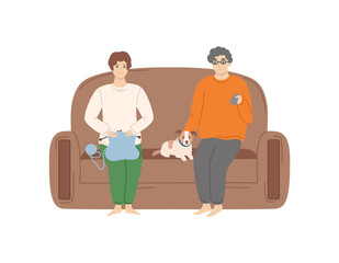 People at home vector, comfortable furniture, weekends of man and woman sitting on sofa with domestic pet. Lady knitting, hobby of female person isolated